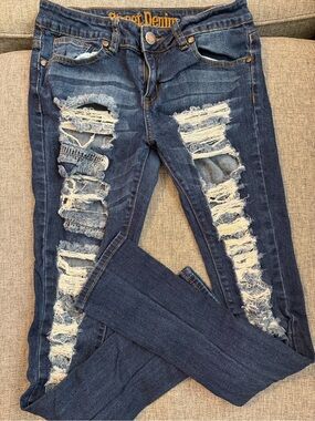 Street Denim Juniors 5/6 Ripped Dark Blue Skinny Jeans - Distressed Detail GUC
